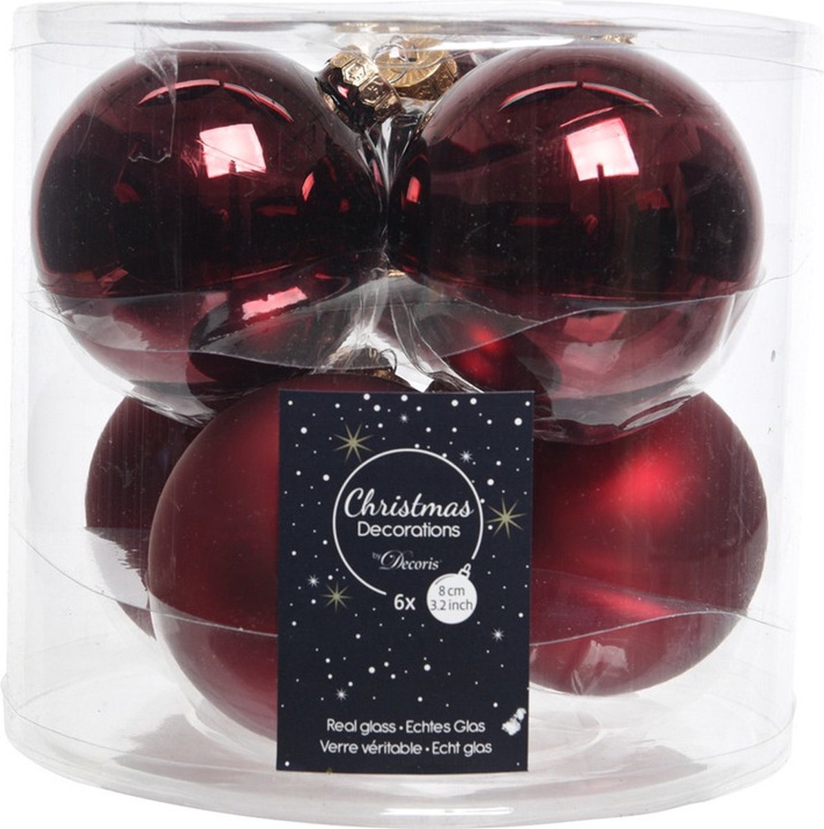 Decoris Kerstballen - 6x stuks - donkerrood - glas - 8 cm - kerstboomversiering - kerstversiering