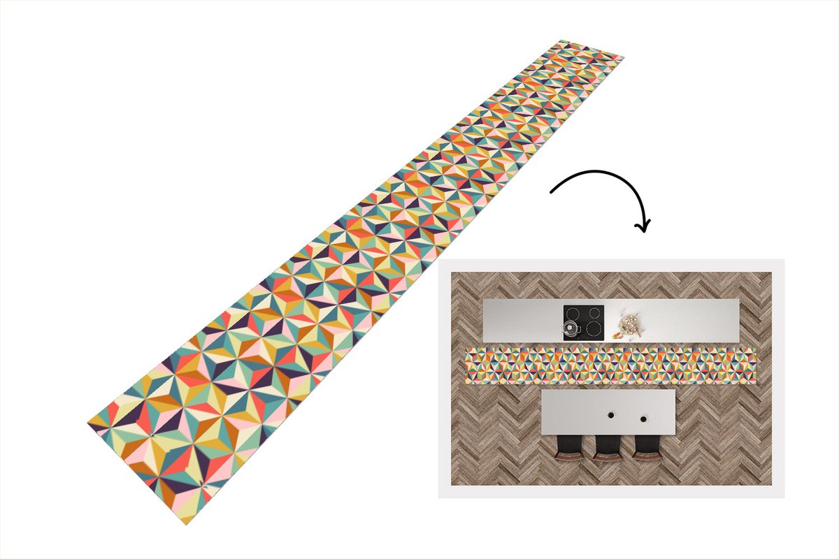 KitchenYeah Keukenloper - Keukenmat - Retro - Regenboog - 3D - Geometrie - Driehoek - 480x60 cm - Keuken vloerkleed Multicolor