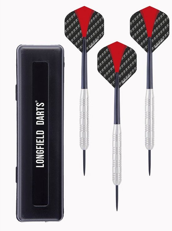 Nickel Silver Dartpijl Set 22 Gram - 3 Stuks - Rood/Zwart Flights, Zwarte Shaft - Semi Professioneel - Inclusief Kunststof Etui - Longfield van Longfield — afbeelding 2