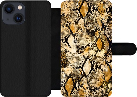 Bookcase pour iPhone 13 Mini Bookcase - Imprimé animal - Serpent - Goud - Zwart - Avec compartiments - Étui portefeuille avec fermeture magnétique - Cadeaux chaussures - Petits cadeaux - Sinterklaas pour les grands enfants