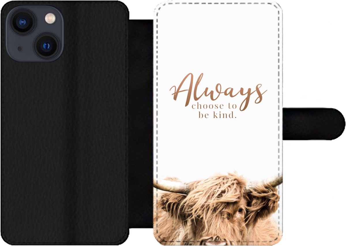 Telefoonhoesje Geschikt voor iPhone 13 Mini telefoonhoesje - Schotse hooglander - Quotes - Wit - Met vakjes - Wallet case met magneetsluiting