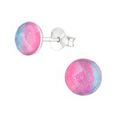 Kleurige Zilveren ronde oorbellen roze en blauw kristal 6mm