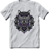 Uil - Dieren Mandala T-Shirt | Paars | Grappig Verjaardag Zentangle Dierenkop Cadeau Shirt | Dames - Heren - Unisex | Wildlife Tshirt Kleding Kado | - Licht Grijs - Gemaleerd - M