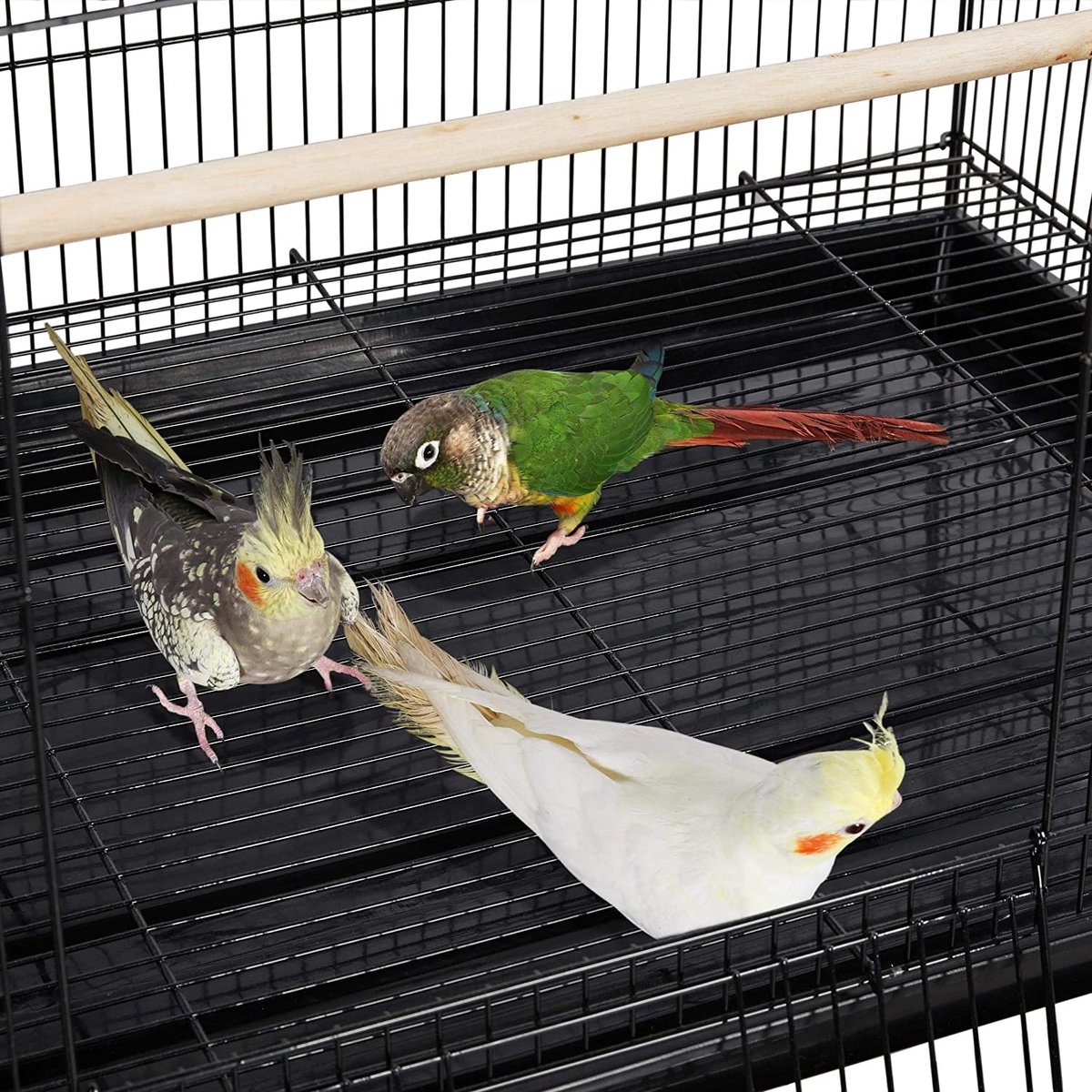 Vliegkooi met extra veel ruimte, met uittrekbare lade en houten zitstangen voor papegaaien, zittafels en andere vogels-75,5 * 45 * 45cm (zwart