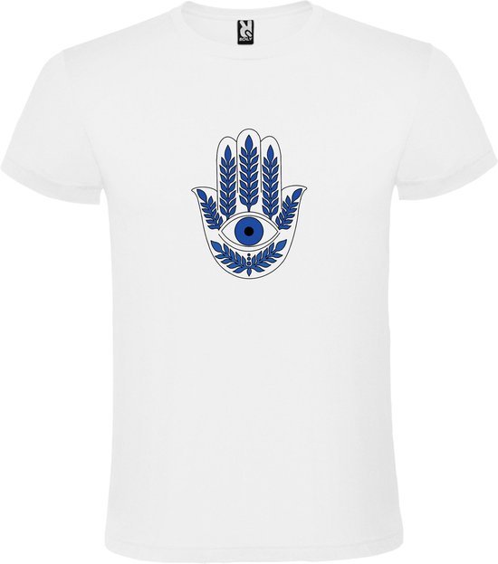 Wit T-shirt met Hamsa Hand in Blauw en Wit size M