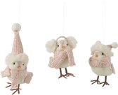 J-Line Kersthanger vogels - textiel - wit & licht roze - 3 stuks - kerstboomversiering