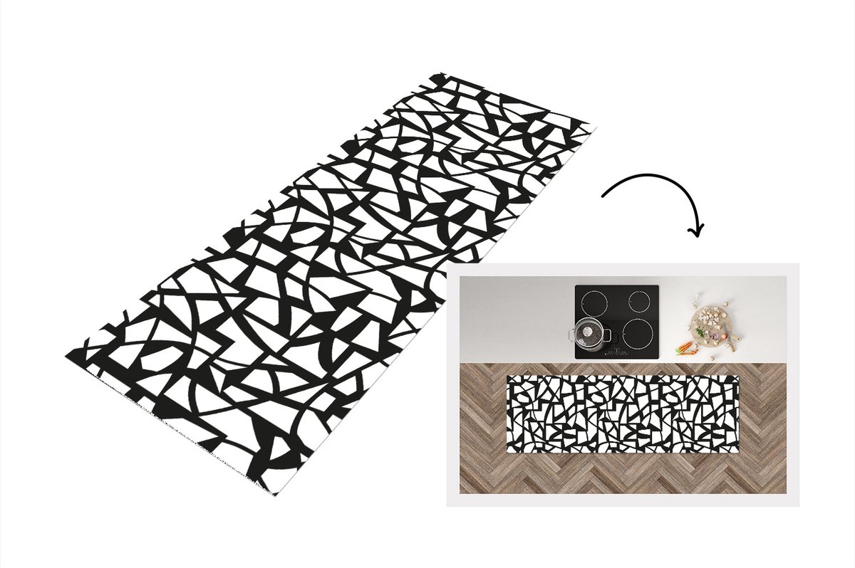 KitchenYeah Keukenloper - Loper keuken - Patronen - Geometrisch - Wit - Zwart - 150x50 cm - Keukenloper vinyl Multicolor