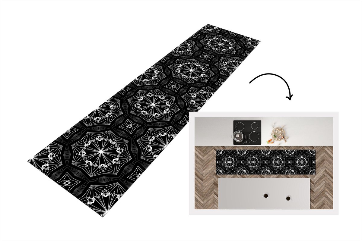 KitchenYeah Keukenloper - Loper keuken - Bloemen - Design - Zwart - Wit - Geometrie - 240x60 cm - Keukenloper vinyl Multicolor