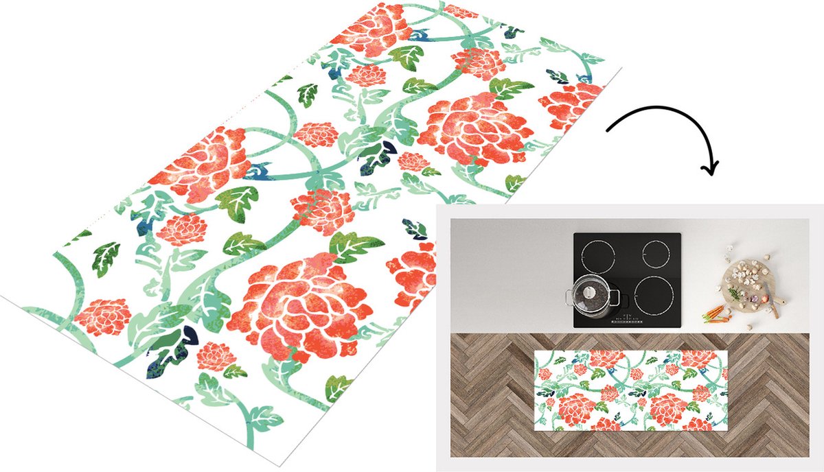 KitchenYeah Keukenloper - Loper keuken - Bloemen - Bladeren - Patronen - Waterverf - 120x50 cm - Keukenloper vinyl Multicolor