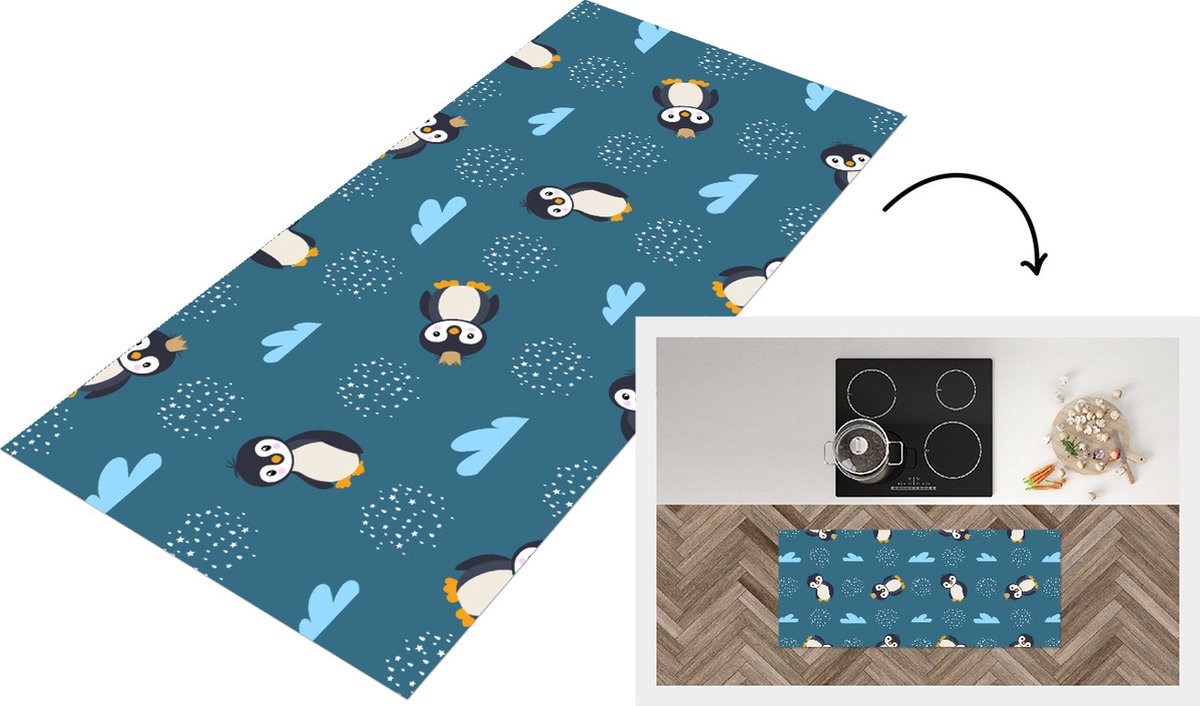 KitchenYeah Keukenloper - Loper keuken - Pinguïn - Wolken - Jongens - Design - 120x50 cm - Keukenloper vinyl Multicolor