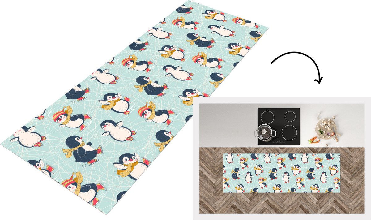 KitchenYeah Keukenloper - Loper keuken - Kinderen - Pinguïn - Schaatsen - Winter - Patronen - 150x50 cm - Keukenloper vinyl Multicolor