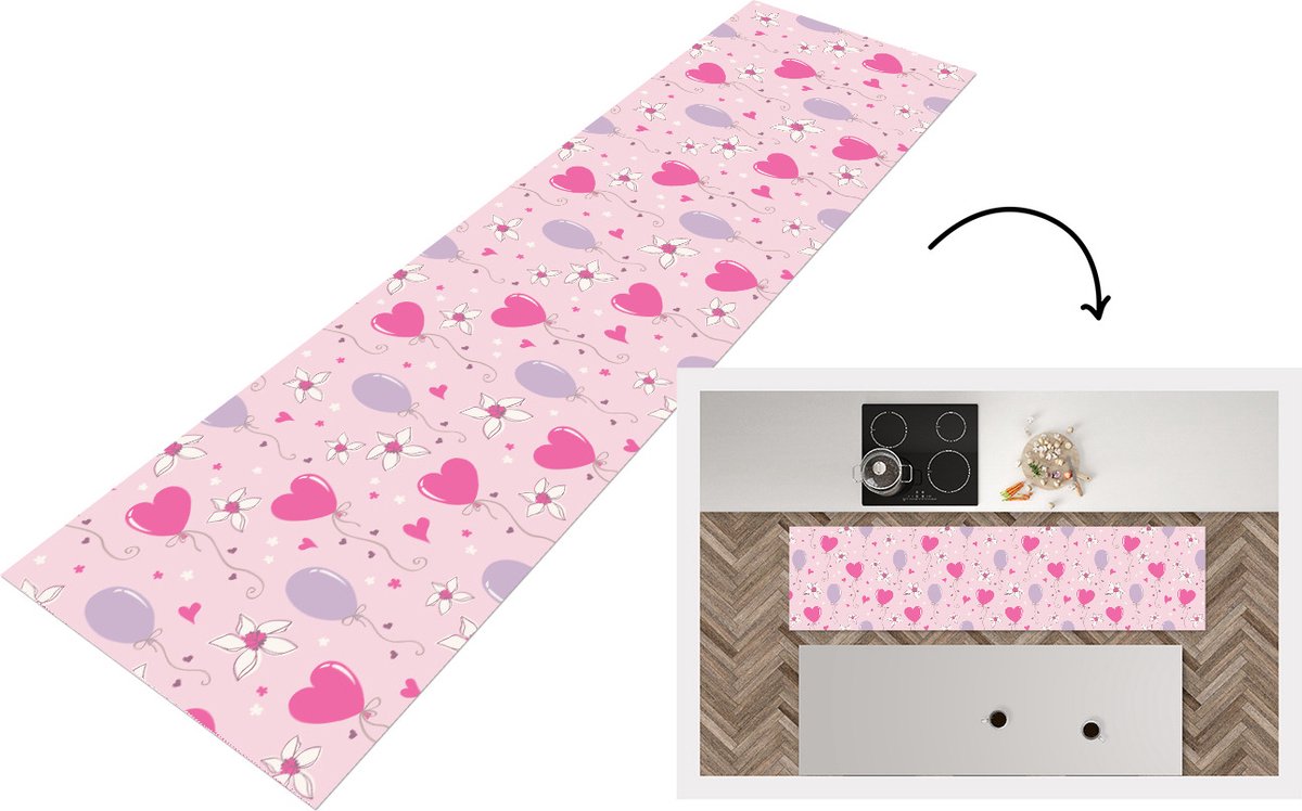 KitchenYeah Keukenloper - Loper keuken - Ballon - Patronen - Roze - 200x50 cm - Keukenloper vinyl Multicolor
