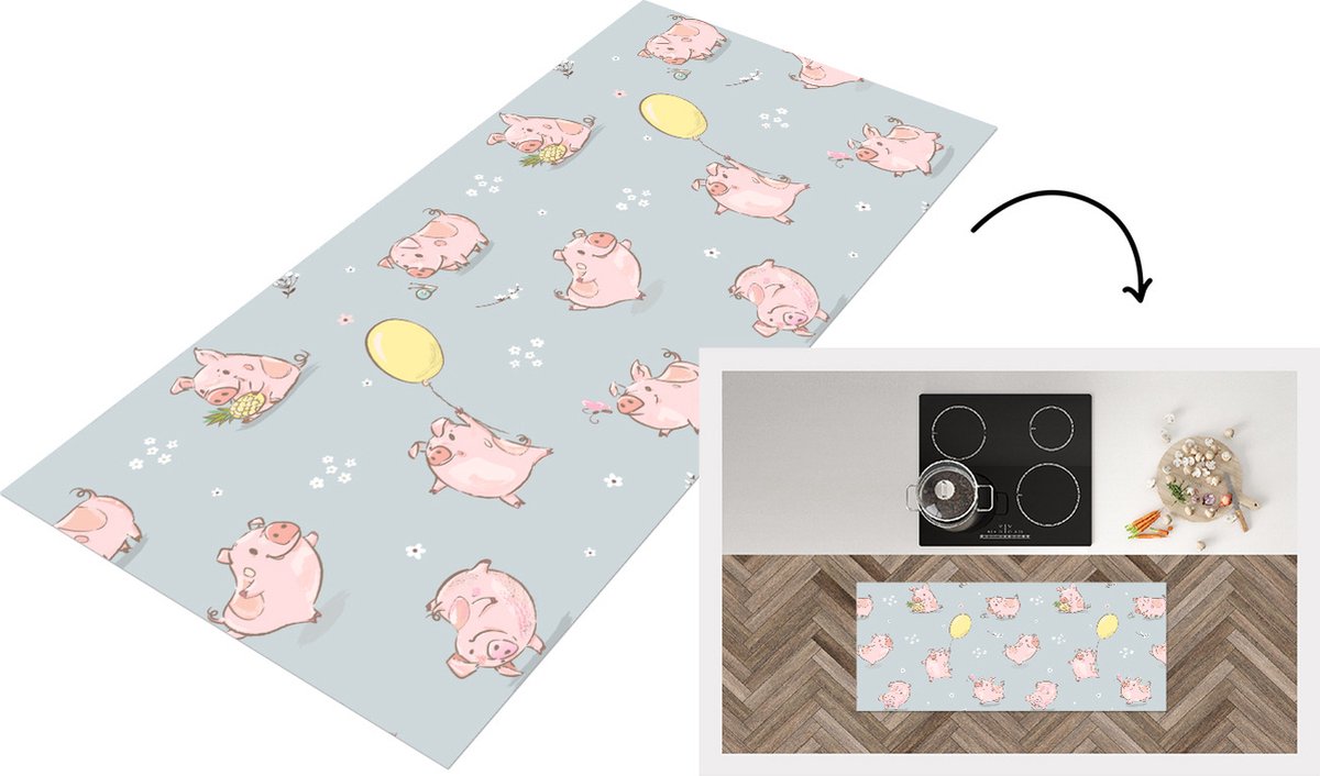 KitchenYeah Keukenloper - Loper keuken - Patronen - Varkens - Ballonnen - 120x50 cm - Keukenloper vinyl Multicolor