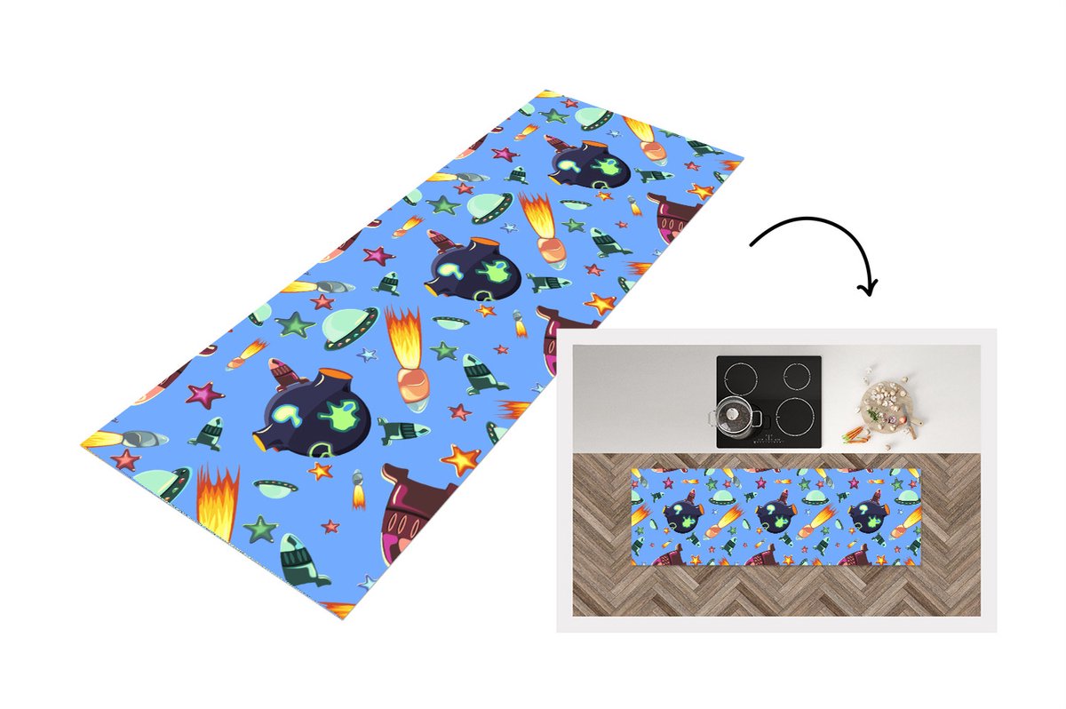 KitchenYeah Keukenloper - Loper keuken - Ruimte - Regenboog - Ufo - Raket - Design - 180x60 cm - Keukenloper vinyl Multicolor