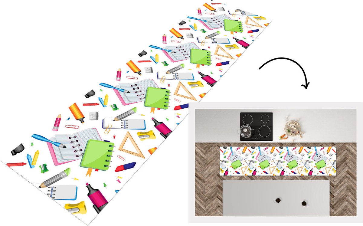 KitchenYeah Keukenloper - Loper keuken - Patroon - School - Potlood - 240x60 cm - Keukenloper vinyl Multicolor