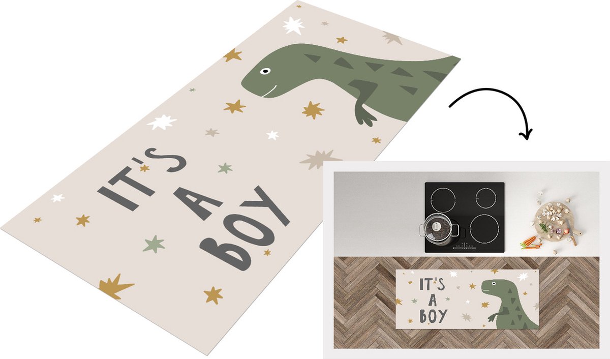 KitchenYeah Keukenloper - Loper keuken - Quotes - It's a boy - Spreuken - Baby - 120x50 cm - Keukenloper vinyl Multicolor