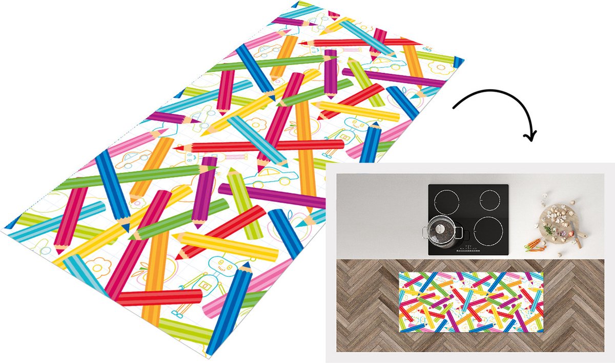 KitchenYeah Keukenloper - Loper keuken - Potlood - Patronen - Regenboog - 120x50 cm - Keukenloper vinyl Multicolor