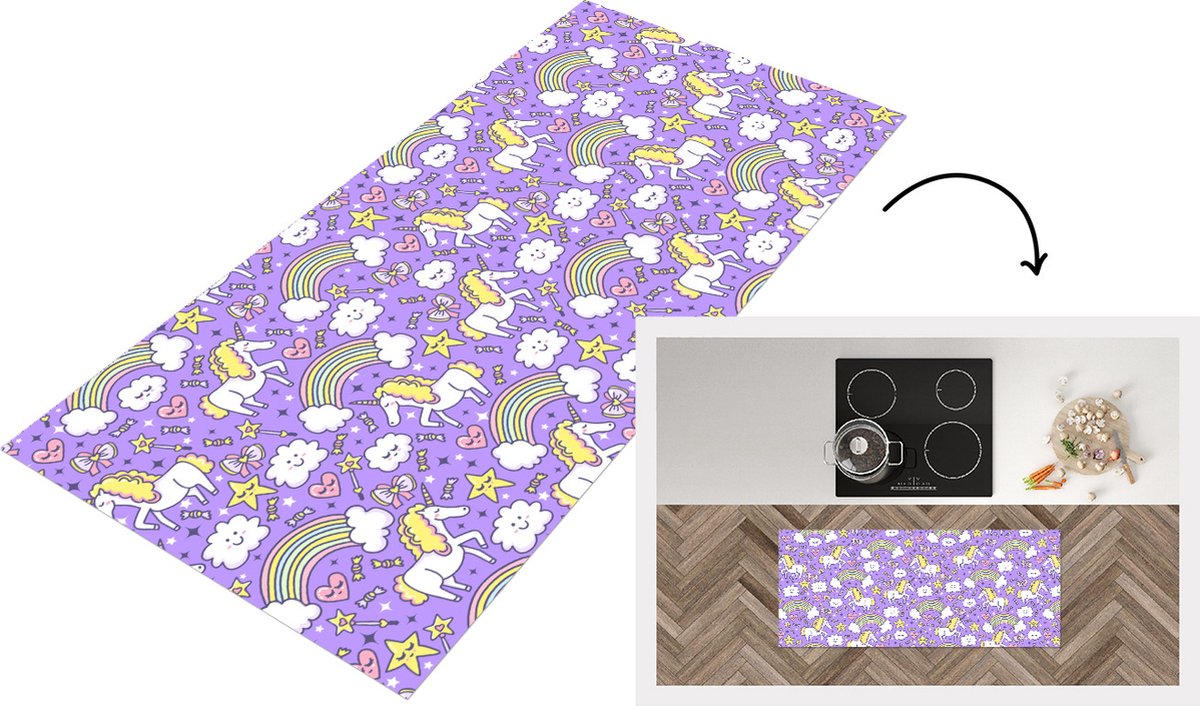 KitchenYeah Keukenloper - Loper keuken - Unicorn - Patroon - Regenboog - Kind - 120x50 cm - Keukenloper vinyl Multicolor