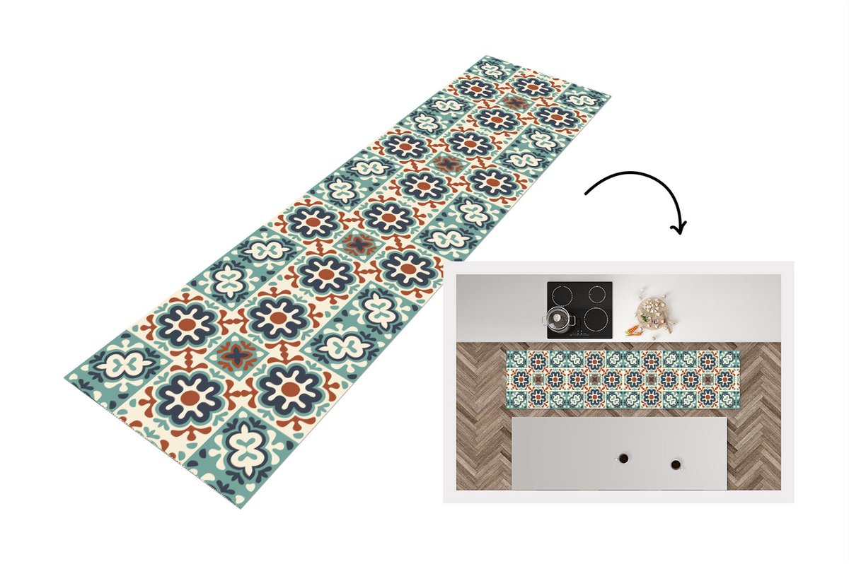 KitchenYeah Keukenloper - Loper keuken - Bloem - Ornament - Patroon - 240x60 cm - Keukenloper vinyl Multicolor