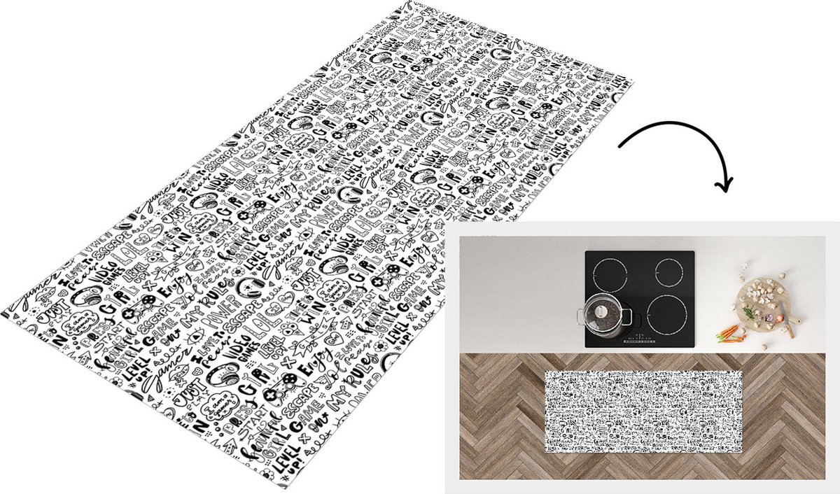 KitchenYeah Keukenloper - Loper keuken - Doodle - Zwart Wit - Patroon - 120x50 cm - Keukenloper vinyl Zwart; Wit