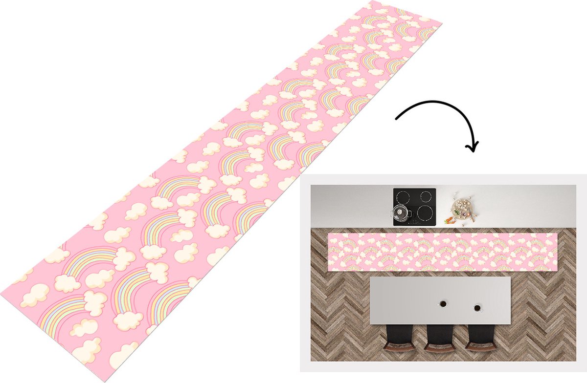KitchenYeah Keukenloper - Loper keuken - Regenboog - Wolken - Patronen - 300x50 cm - Keukenloper vinyl Multicolor