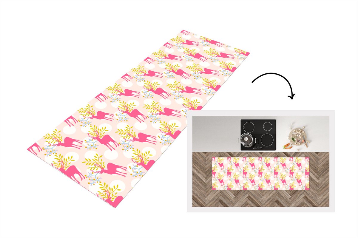 KitchenYeah Keukenloper - Loper keuken - Hert - Roze - Patronen - 150x50 cm - Keukenloper vinyl Multicolor