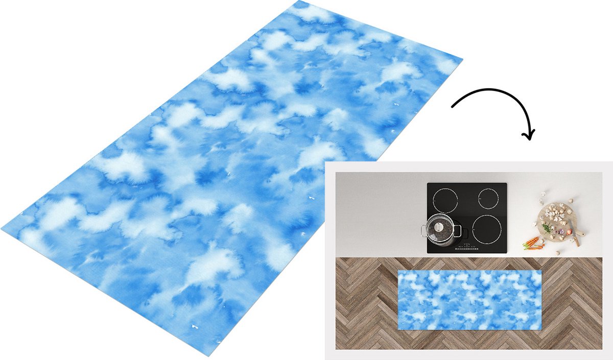 KitchenYeah Keukenloper - Loper keuken - Waterverf - Abstract - Blauw - Patronen - 120x50 cm - Keukenloper vinyl Multicolor