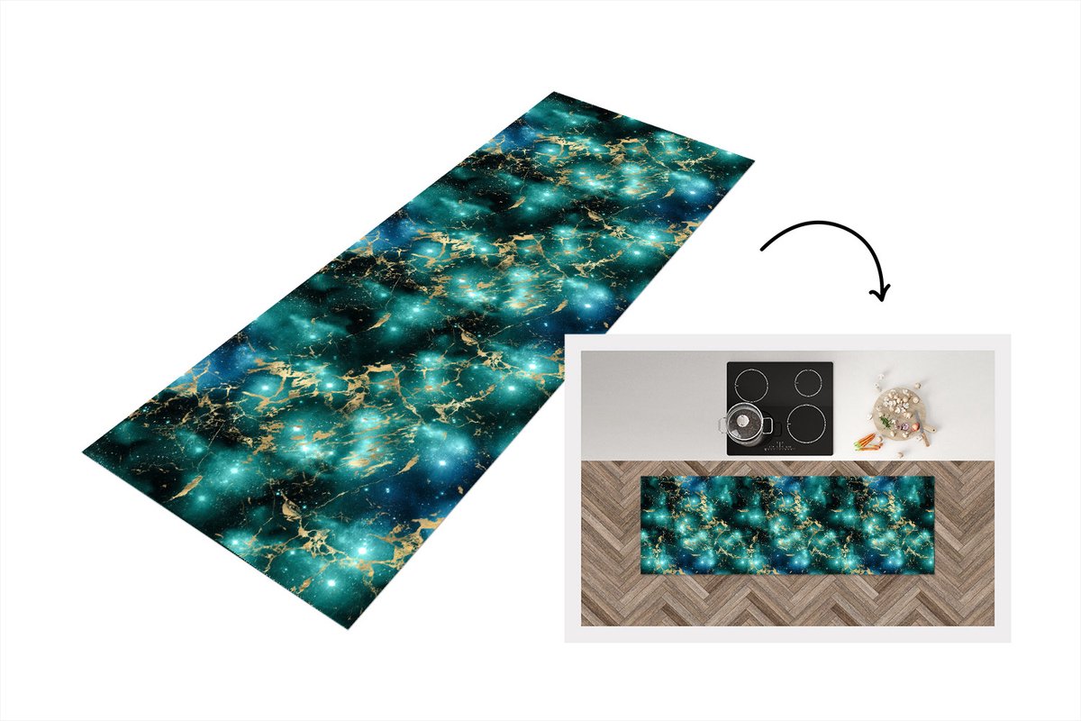 KitchenYeah Keukenloper - Loper keuken - Ruimte - Goud - Marmer - Patronen - 180x60 cm - Keukenloper vinyl Multicolor