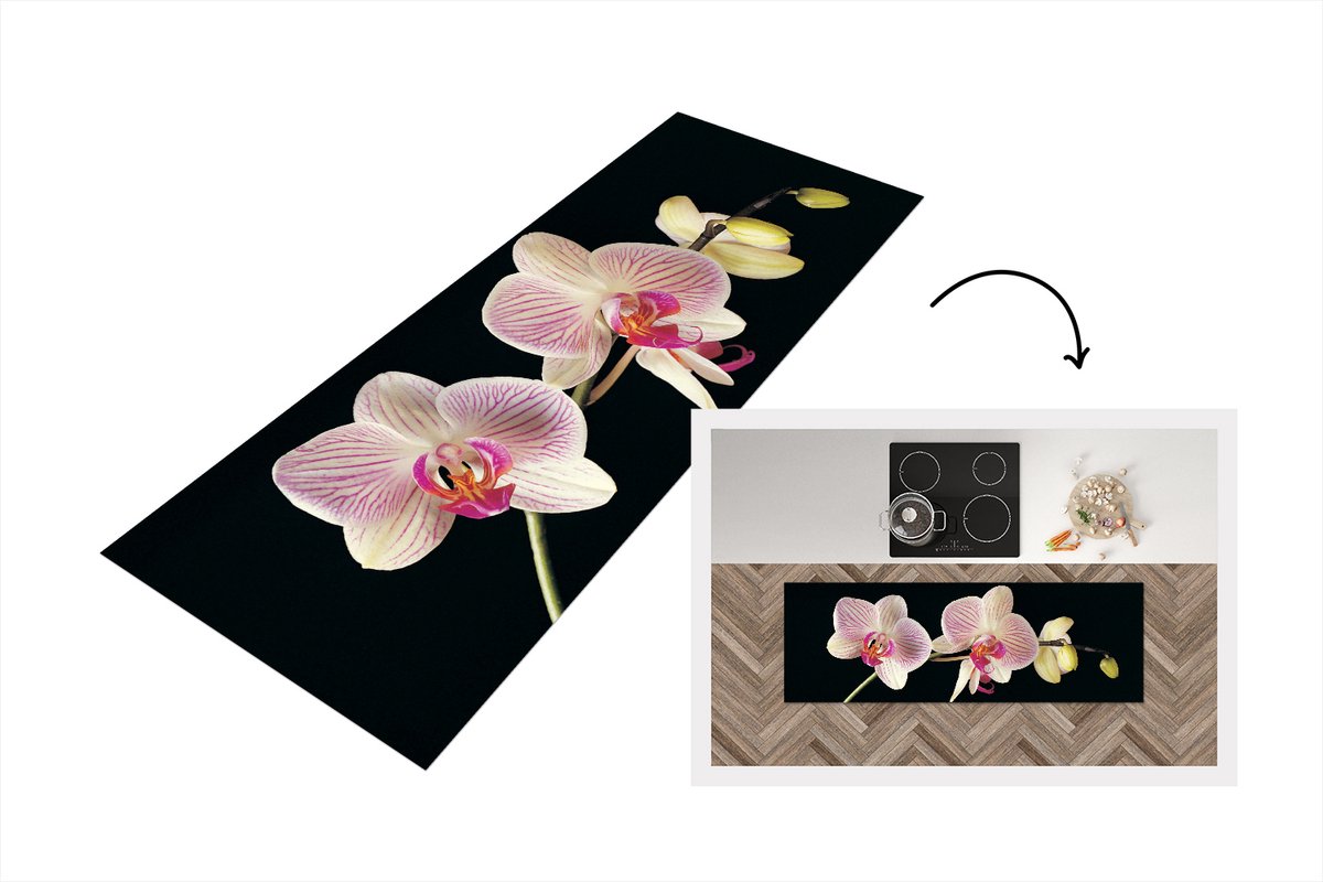 KitchenYeah Keukenloper - Loper keuken - Orchidee tegen zwarte achtergrond - Keukenloper vinyl, foto 4