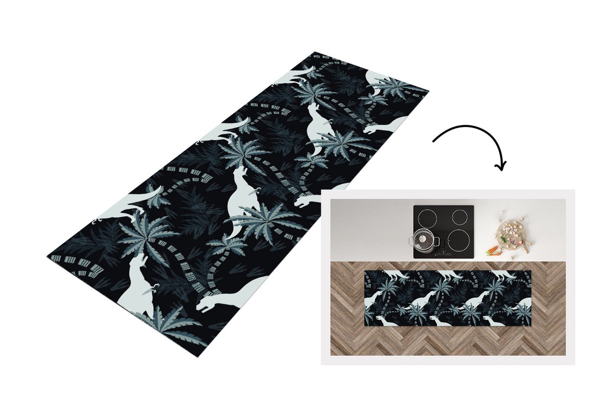 KitchenYeah Keukenloper - Loper keuken - Patronen - Dino - Jungle - 150x50 cm - Keukenloper vinyl Multicolor