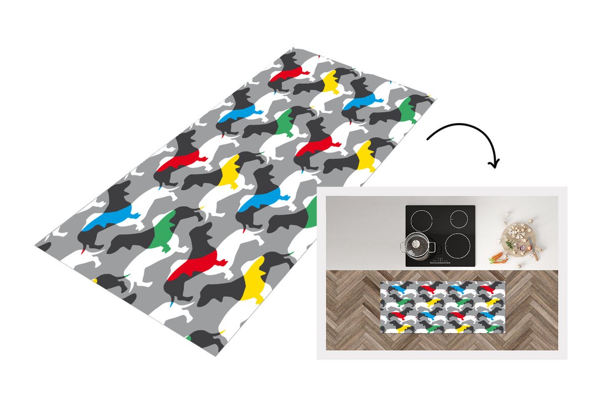 KitchenYeah Keukenloper - Loper keuken - Honden - Teckel - Patronen - 120x50 cm - Keukenloper vinyl Multicolor