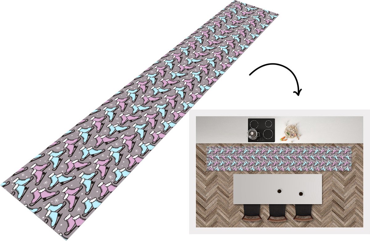 KitchenYeah Keukenloper - Loper keuken - Schaatsen - Patroon - Winter - 300x50 cm - Keukenloper vinyl Multicolor