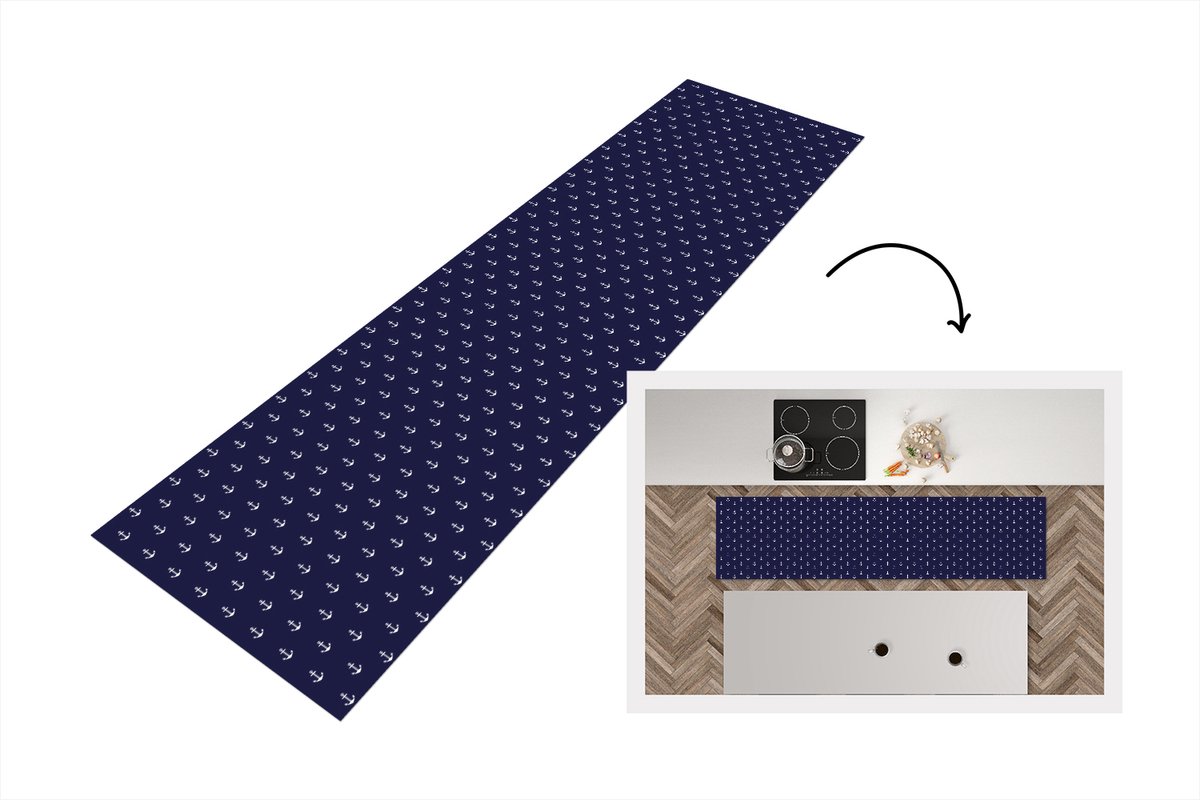 KitchenYeah Keukenloper - Loper keuken - Patroon - Strand - Zee - Anker - 240x60 cm - Keukenloper vinyl Multicolor