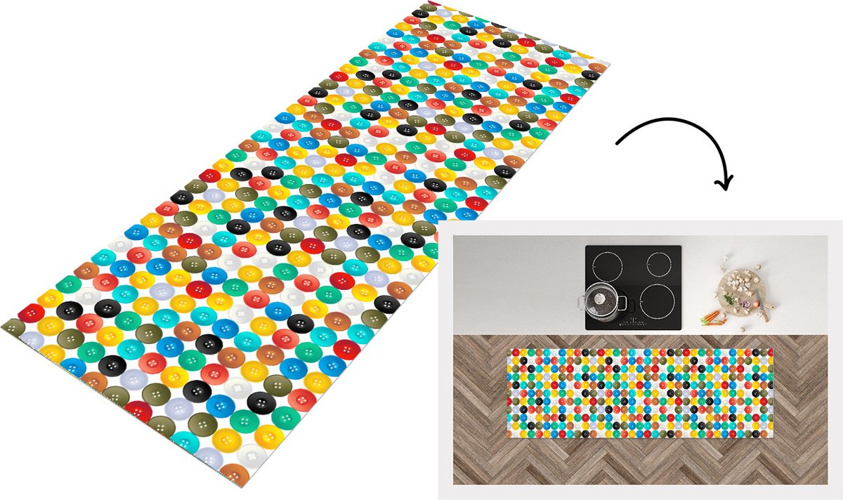 KitchenYeah Keukenloper - Loper keuken - Knopen - Regenboog - Kleding - Design - Keukenloper vinyl multicolor, foto 3