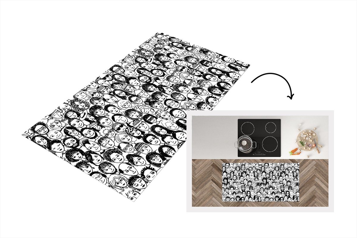 KitchenYeah Keukenloper - Loper keuken - Patronen - Gezicht - Zwart Wit - 120x60 cm - Keukenloper vinyl Zwart; Wit