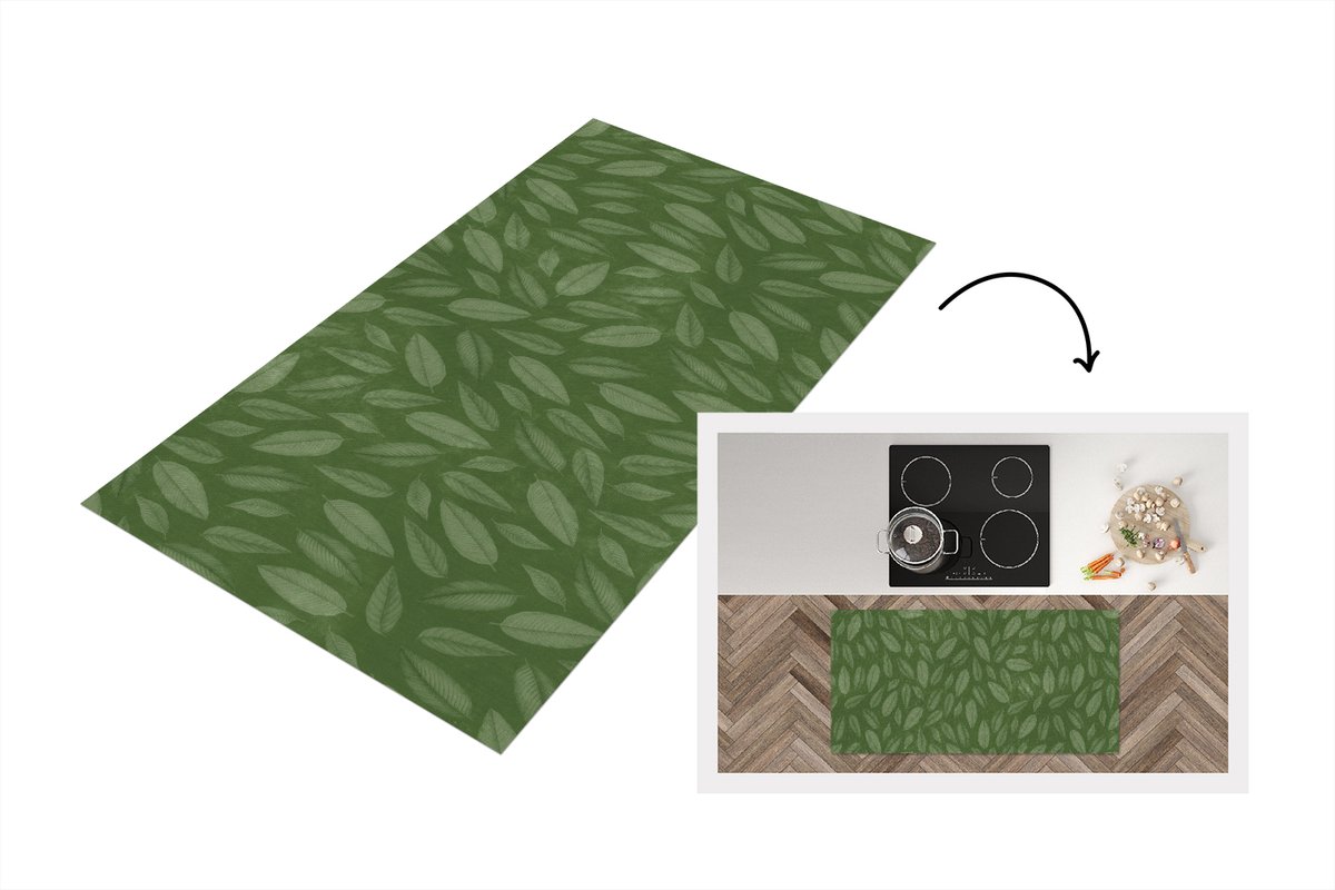 KitchenYeah Keukenloper - Loper keuken - Patroon - Bladeren - Groen - 120x60 cm - Keukenloper vinyl Multicolor