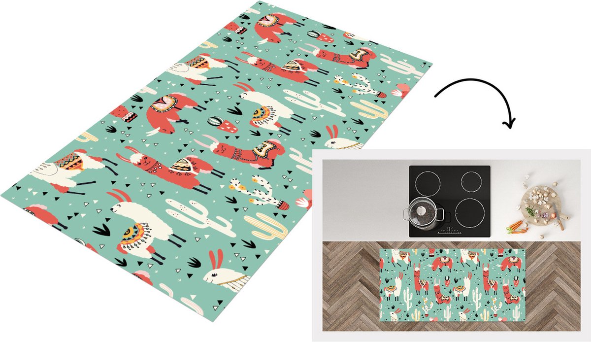 KitchenYeah Keukenloper - Loper keuken - Lama - Patronen - Cactus - 120x60 cm - Keukenloper vinyl Multicolor
