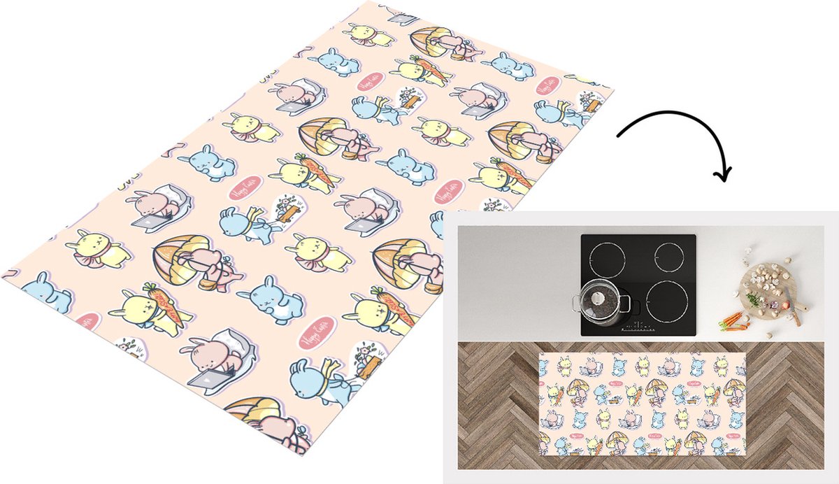 KitchenYeah Keukenloper - Loper keuken - Patronen - Konijn - Cartoon - Pastel - Kinderen - 120x60 cm - Keukenloper vinyl Multicolor