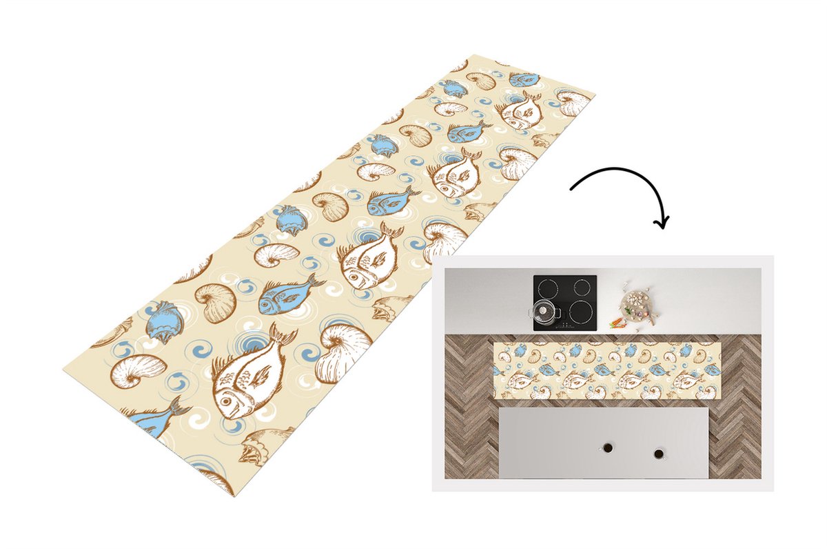 KitchenYeah Keukenloper - Loper keuken - Vis - Schelpen - Pastel - Design - Vintage - 240x60 cm - Keukenloper vinyl Multicolor