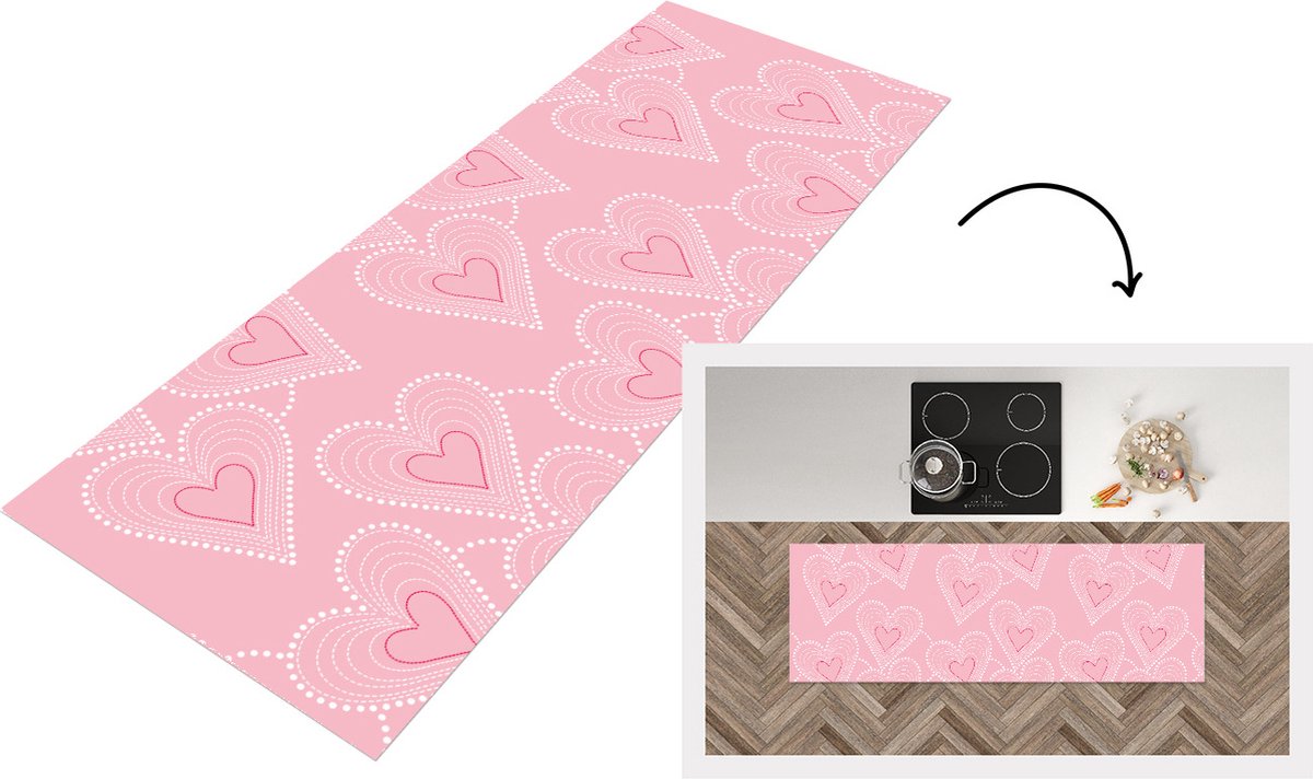 KitchenYeah Keukenloper - Loper keuken - Hartjes - Patronen - Roze - 180x60 cm - Keukenloper vinyl Multicolor