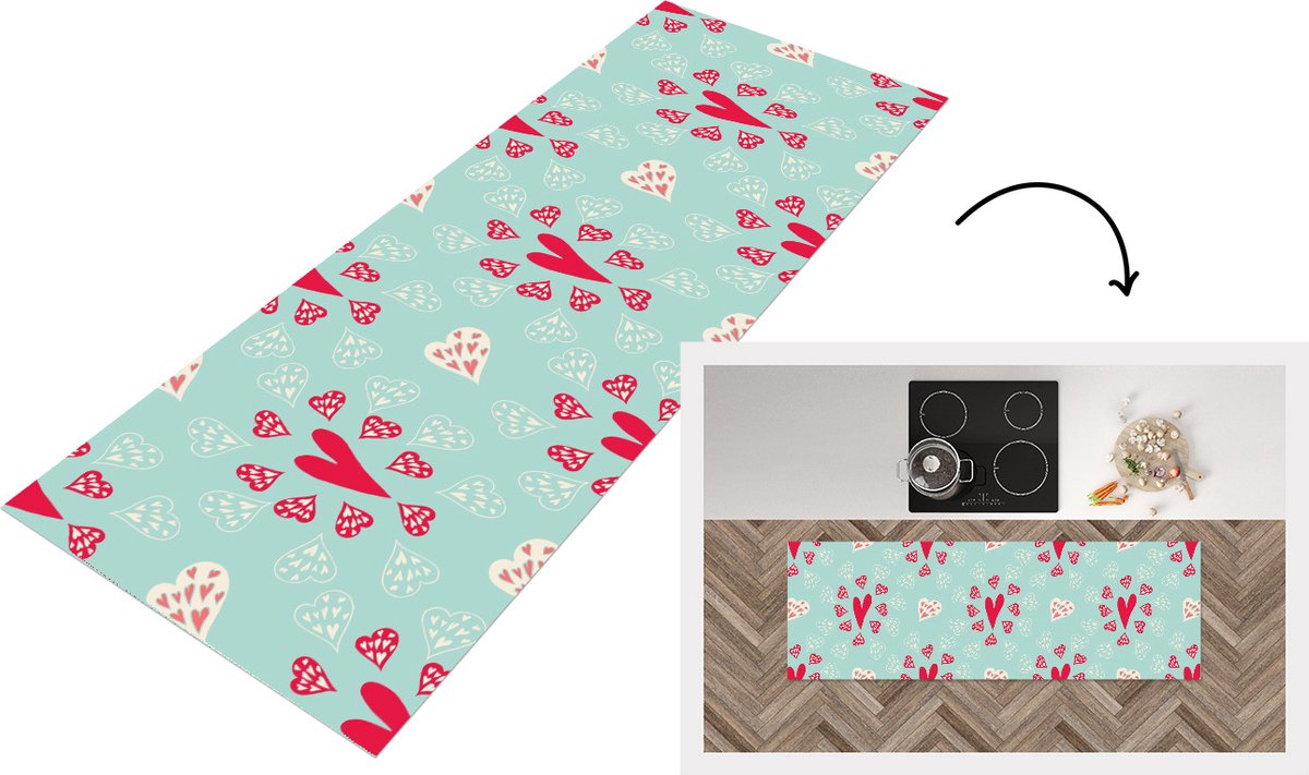 KitchenYeah Keukenloper - Loper keuken - Hartjes - Patronen - Pastel - 180x60 cm - Keukenloper vinyl Multicolor