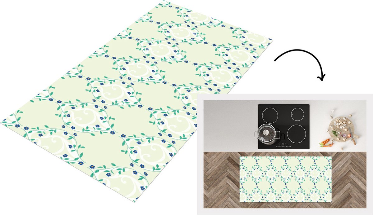 KitchenYeah Keukenloper - Loper keuken - Groen - Blauw - Bloem - Design - 120x60 cm - Keukenloper vinyl Multicolor