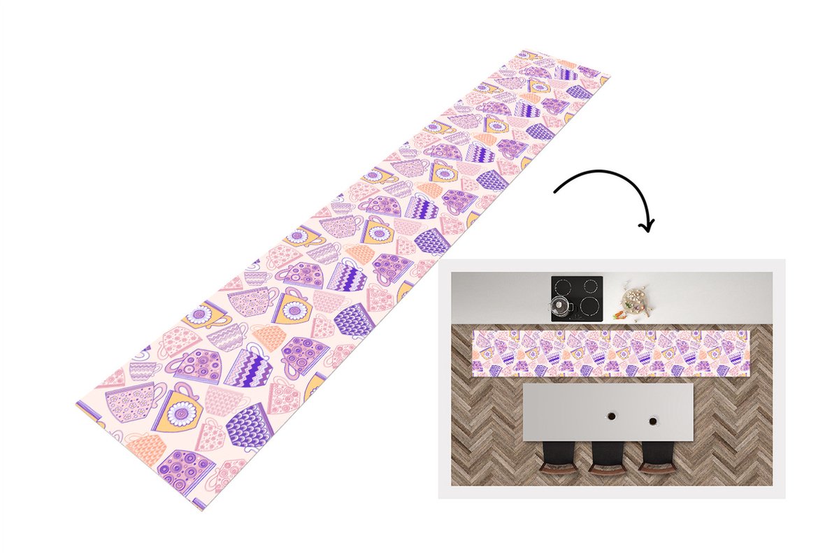 KitchenYeah Keukenloper - Loper keuken - Patronen - Theekopjes - Thee - 300x50 cm - Keukenloper vinyl Multicolor