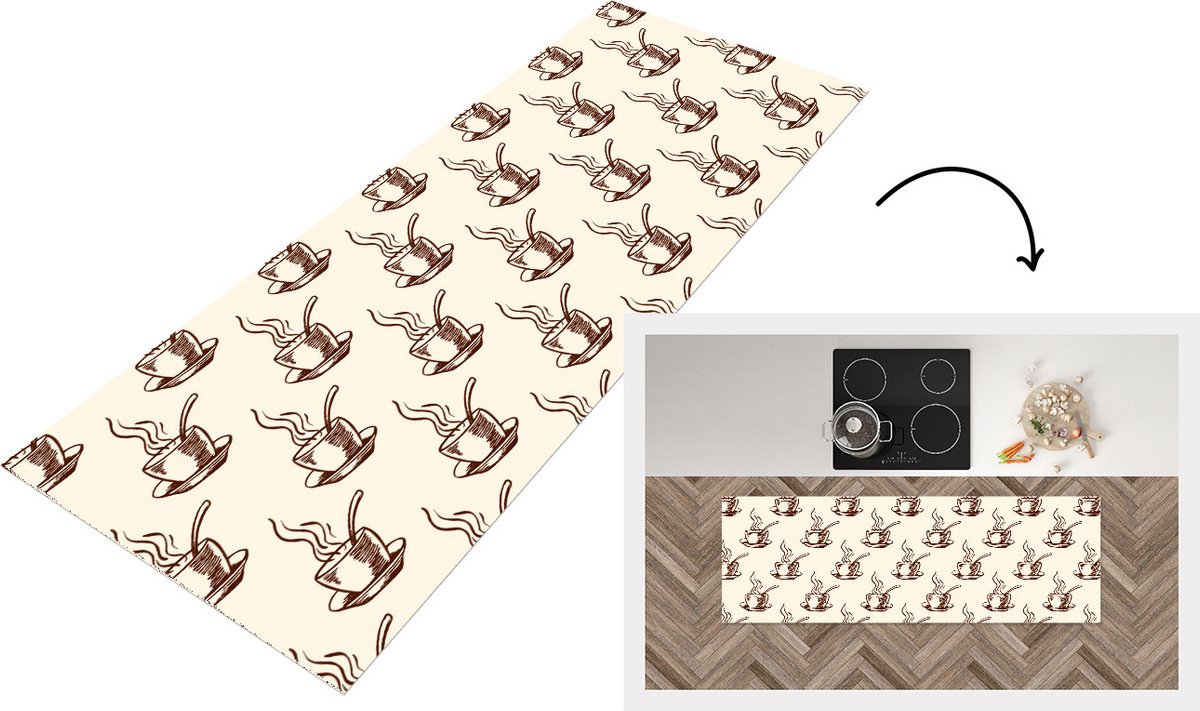 KitchenYeah Keukenloper - Loper keuken - Patronen - Vintage - Koffie - 180x60 cm - Keukenloper vinyl Multicolor