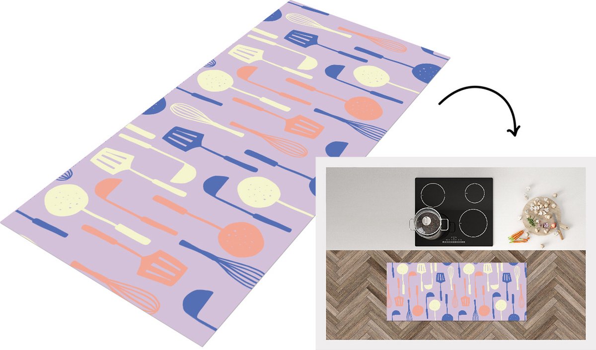KitchenYeah Keukenloper - Loper keuken - Patronen - Keukengerei - Spatel - Garde - 120x50 cm - Keukenloper vinyl Multicolor