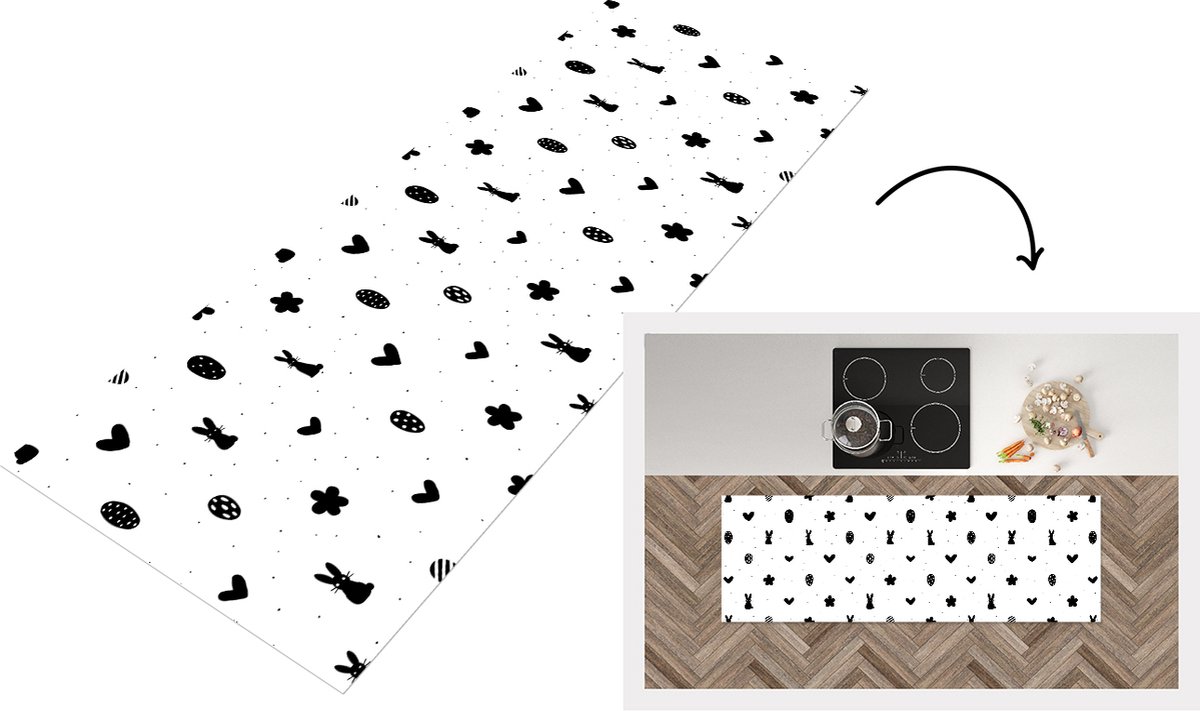 KitchenYeah Keukenloper - Loper keuken - Pasen - Patroon - Zwart - Wit - 180x60 cm - Keukenloper vinyl Multicolor