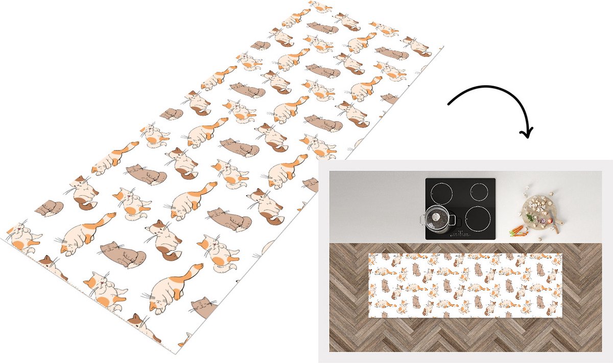 KitchenYeah Keukenloper - Loper keuken - Patroon - Kat - Kitten - 150x50 cm - Keukenloper vinyl Multicolor