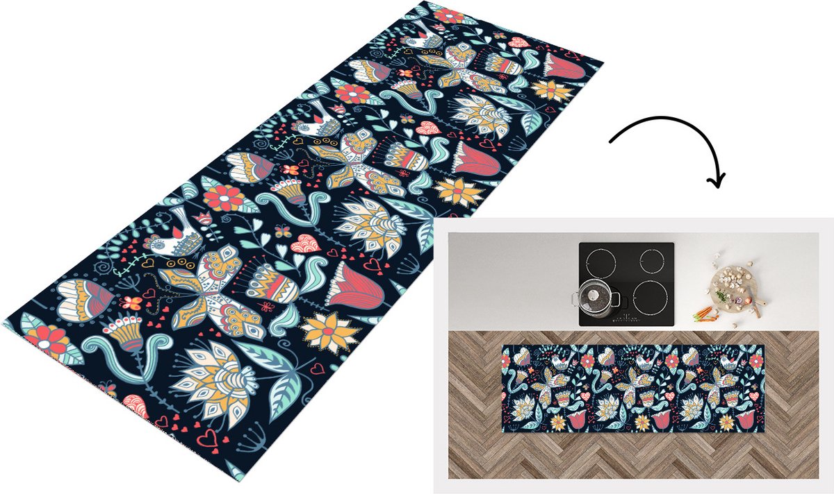 KitchenYeah Keukenloper - Loper keuken - Vlinder - Vogel - Bloem - Patroon - 150x50 cm - Keukenloper vinyl Multicolor