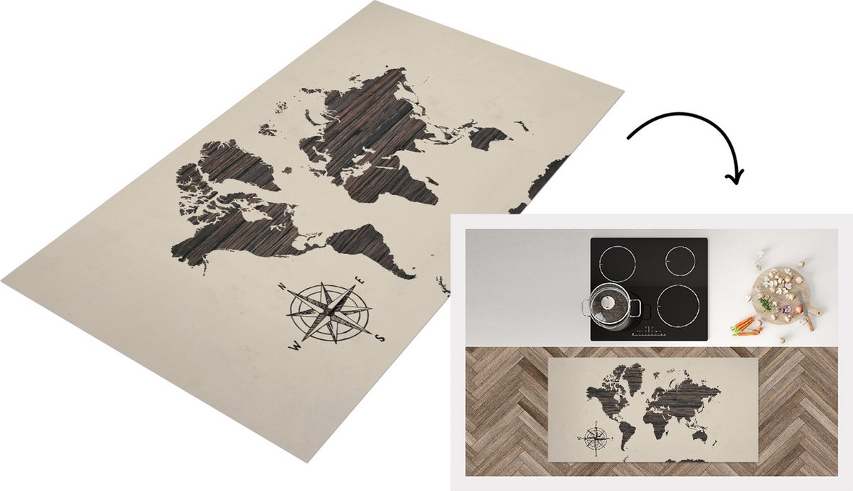 KitchenYeah Keukenloper - Loper keuken - Wereldkaart - Hout - Bruin - 120x60 cm - Keukenloper vinyl Multicolor