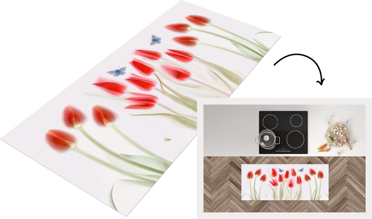 KitchenYeah Keukenloper - Loper keuken - Afbeelding van rode tulpen - 120x50 cm - Keukenloper vinyl Multicolor